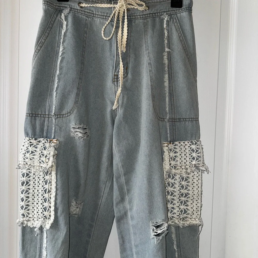 POL Women's Light Blue Jeans with Lace crochet Detail Rebel Joggers Sz S - Picture 4 of 11